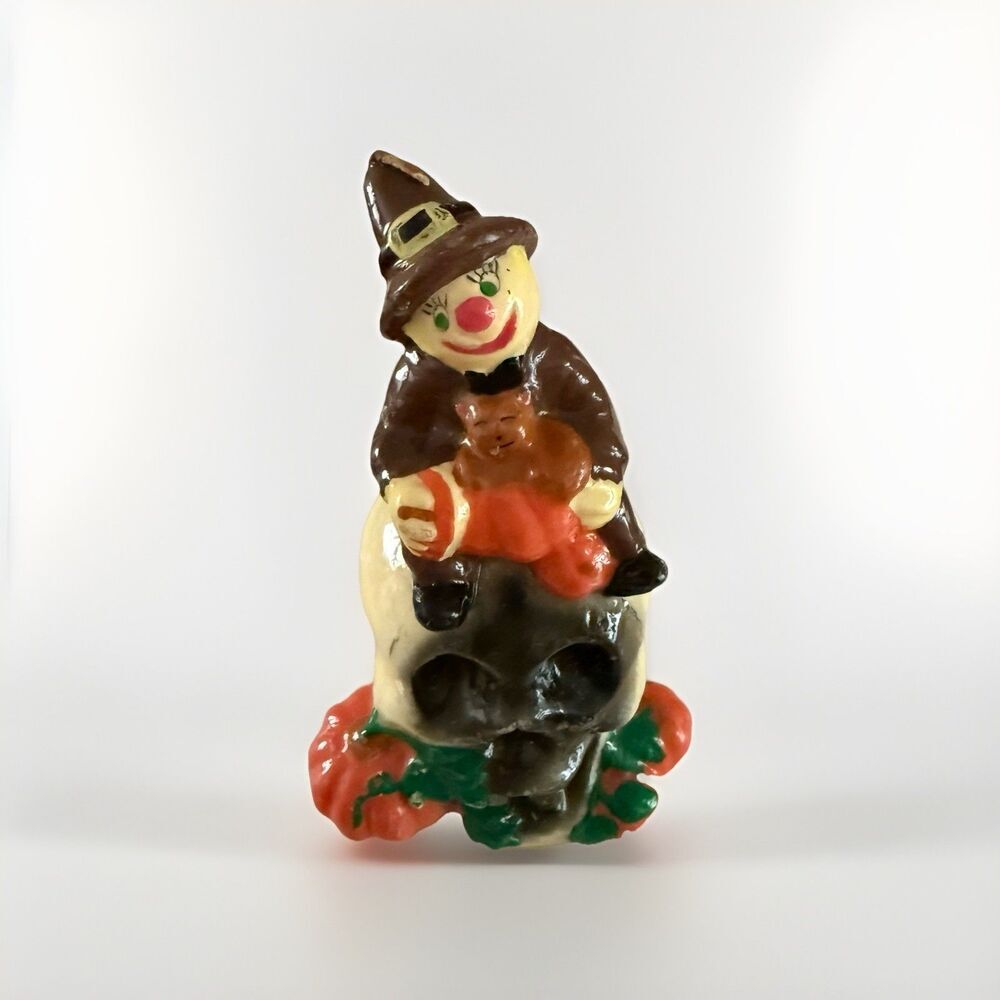 Vintage Halloween Vintage Candle Scarecrow Hold Teddy Bear On Skull Pumpkins NOS